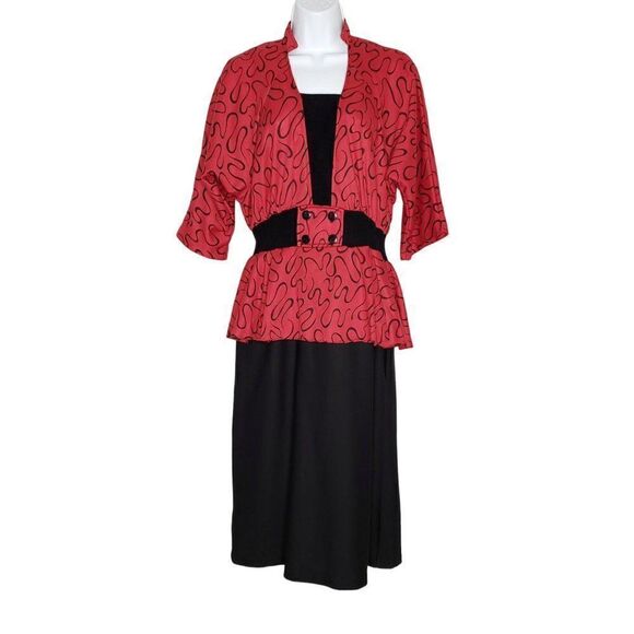 Vintage 80s Peplum Straight Secretary Dress L Red Black Dolman 1/2 Sleeve - Picture 1 of 6